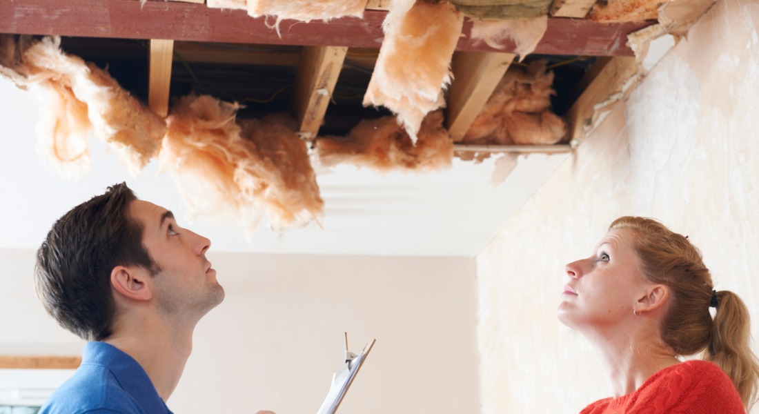 Insurance Adjustor Inspecting Water Damage In The Ceiling